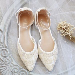 Ivory Lace Crochet Pointy Toe Flats w/ankle strap